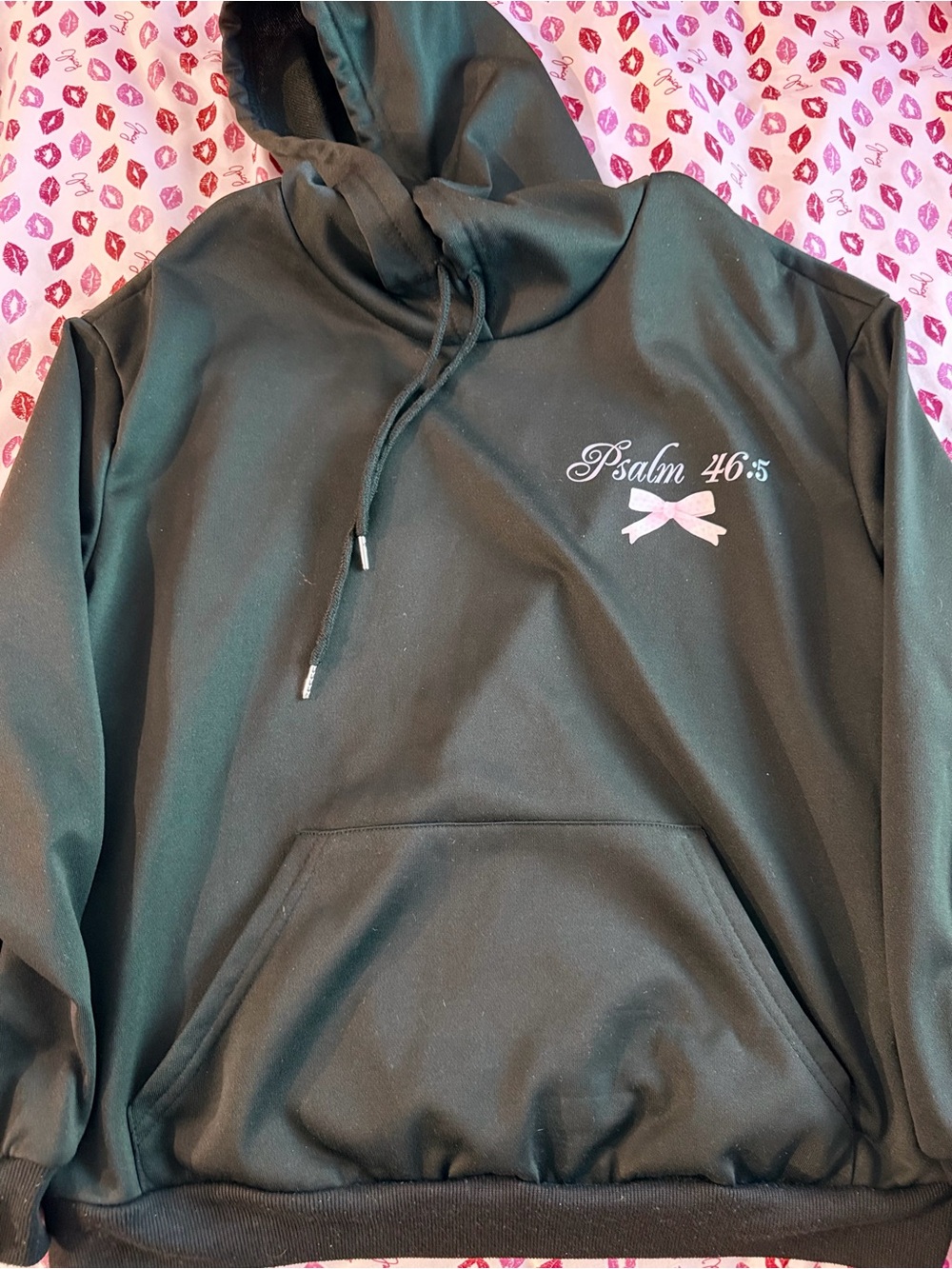Black Hoodie Sweatshirt with Psalm 46:5 and Pink Bow